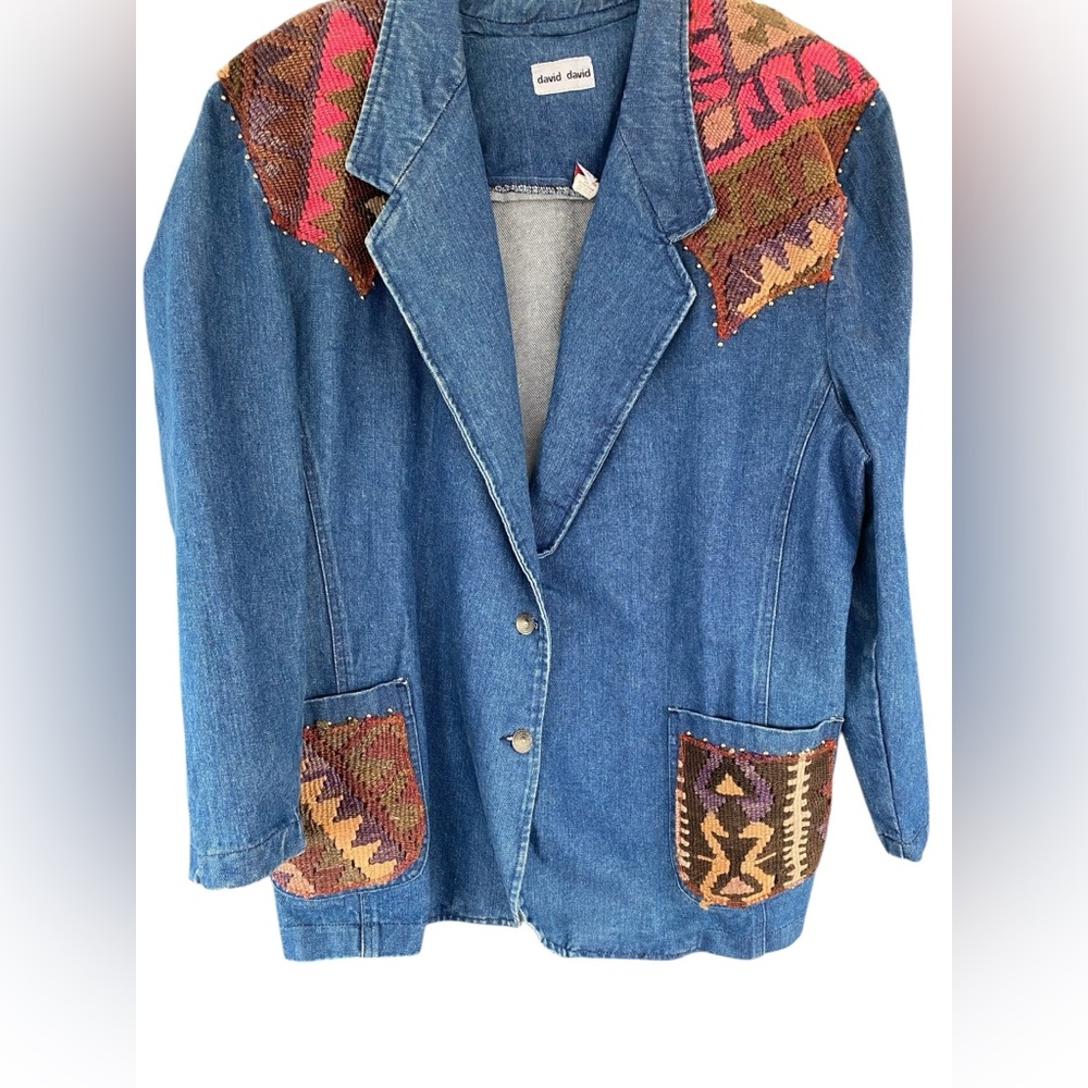 Vtg Southwestern Woven Textured Thick Women’s 2X Denim Blazer Jacket  EUC